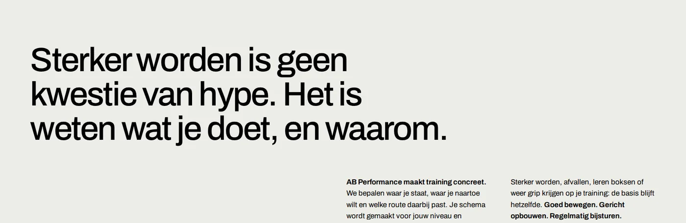 Uitsnede uit de website van AB Performance: “Sterker worden is geen kwestie van hype. Het is weten wat je doet, en waarom.”
