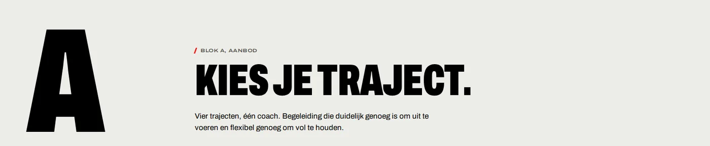 Uitsnede uit de website van AB Performance: een grote letter A met de kop “Kies je traject.”