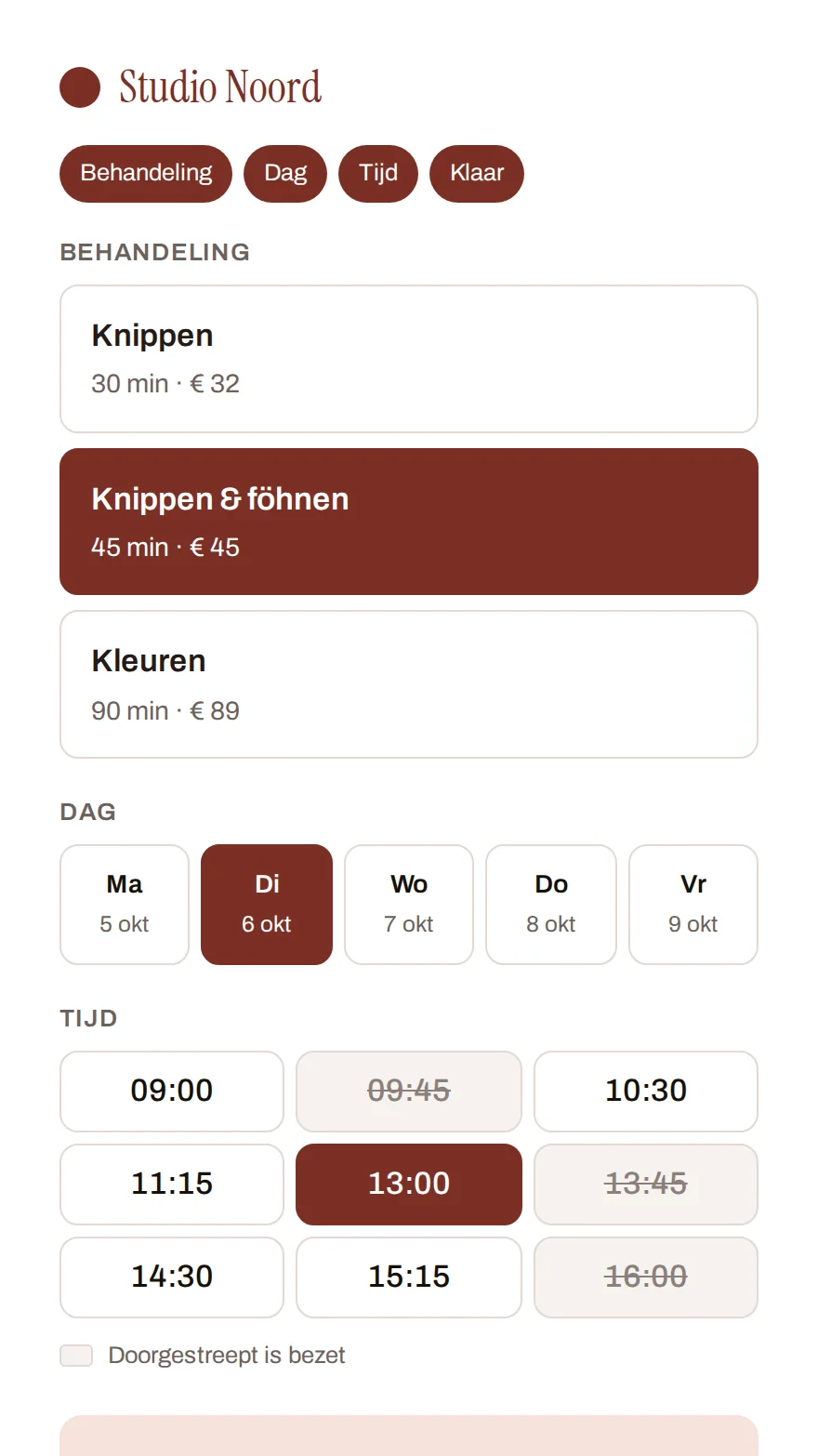 Studio-project: de afsprakenplanner op mobiel met behandelingen, dagen en tijden (voorbeelddata)