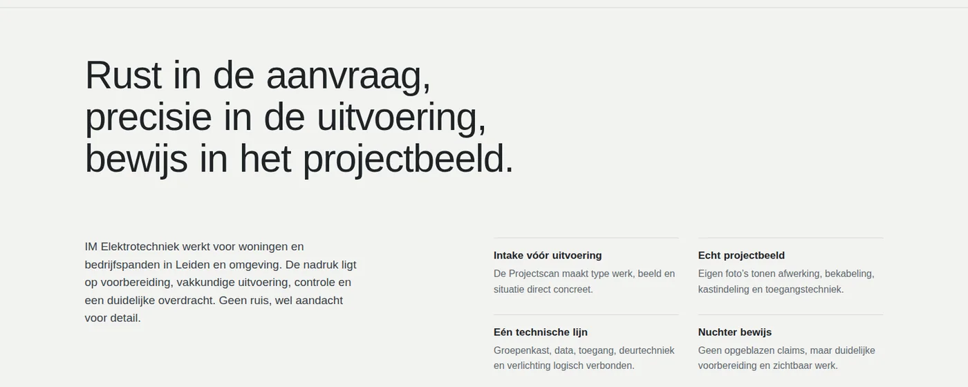 Uitsnede uit de website van IM Elektrotechniek: de kop “Rust in de aanvraag, precisie in de uitvoering, bewijs in het projectbeeld” met vier korte punten