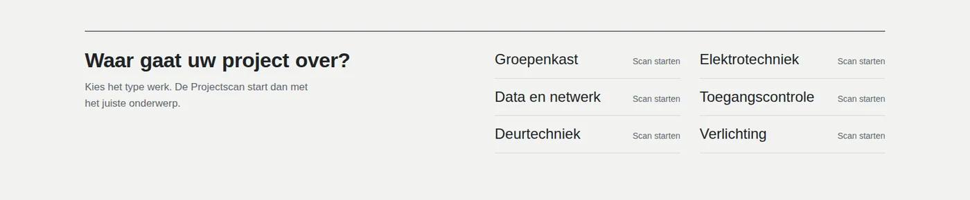 Uitsnede uit de website van IM Elektrotechniek: “Waar gaat uw project over?” met zes soorten werk waarmee de Projectscan start