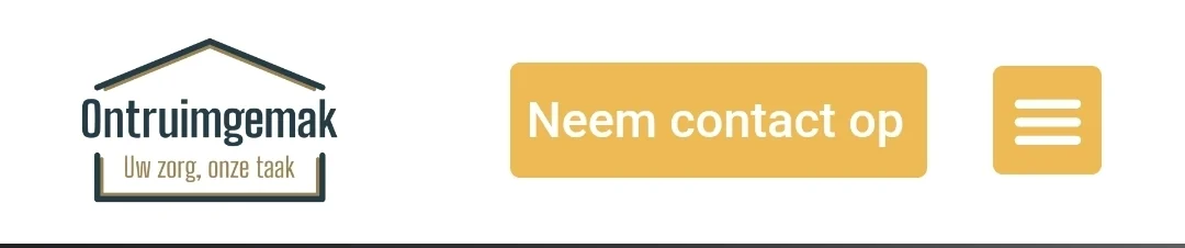 Detail van ontruimgemak.nl: logo met “Uw zorg, onze taak”, de knop “Neem contact op” en de menuknop