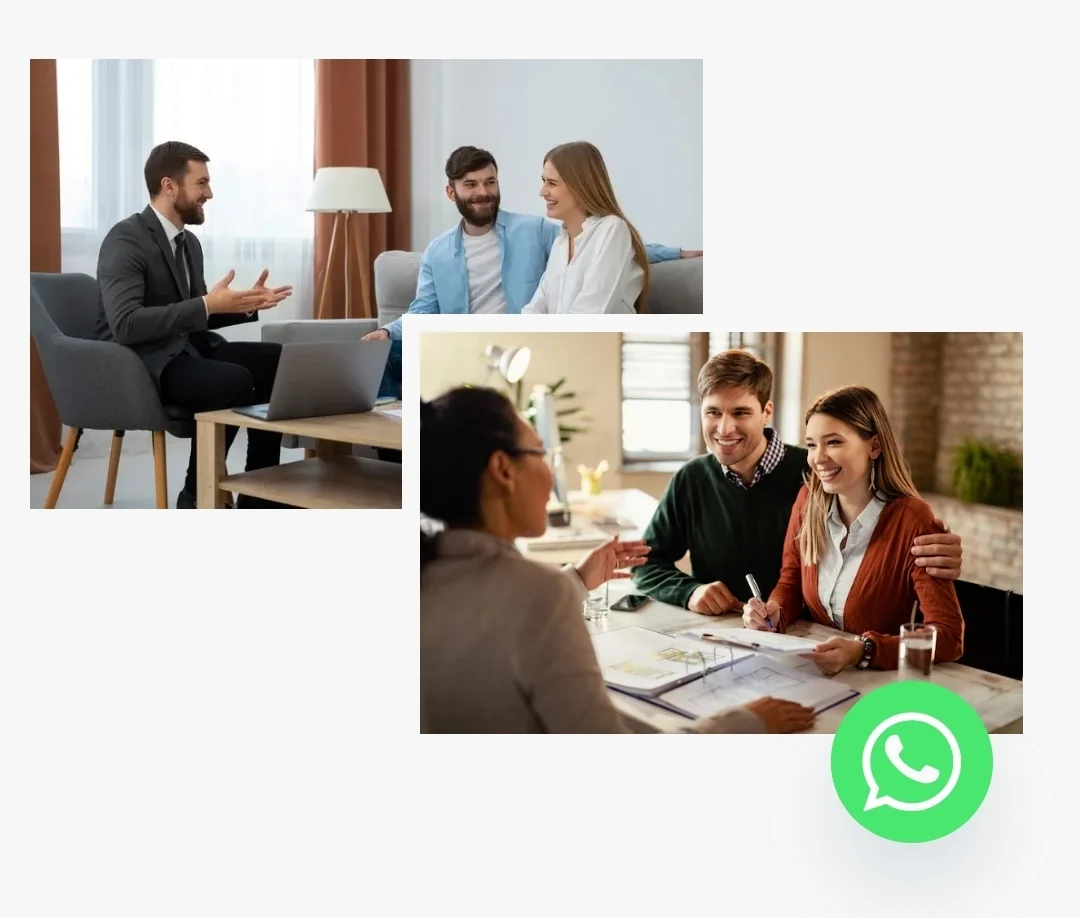 Detail van ontruimgemak.nl: twee foto’s van een adviesgesprek en de WhatsApp-knop