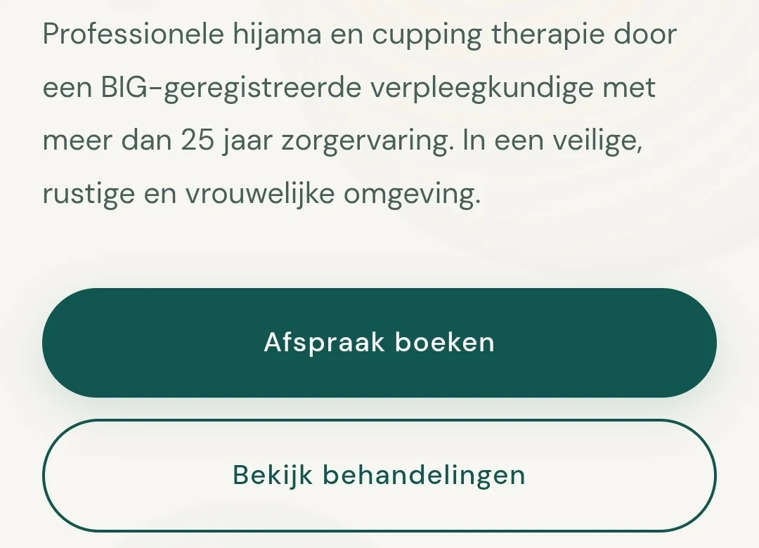 Detail van saacares.com: toelichting over hijama en cupping therapie met de knoppen “Afspraak boeken” en “Bekijk behandelingen”